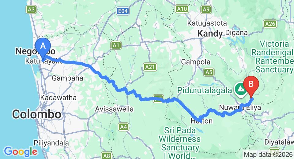 Driving route map: Colombo Airport (CMB) to Kadapola (164 km, approx 5 h 5 min private transfer)