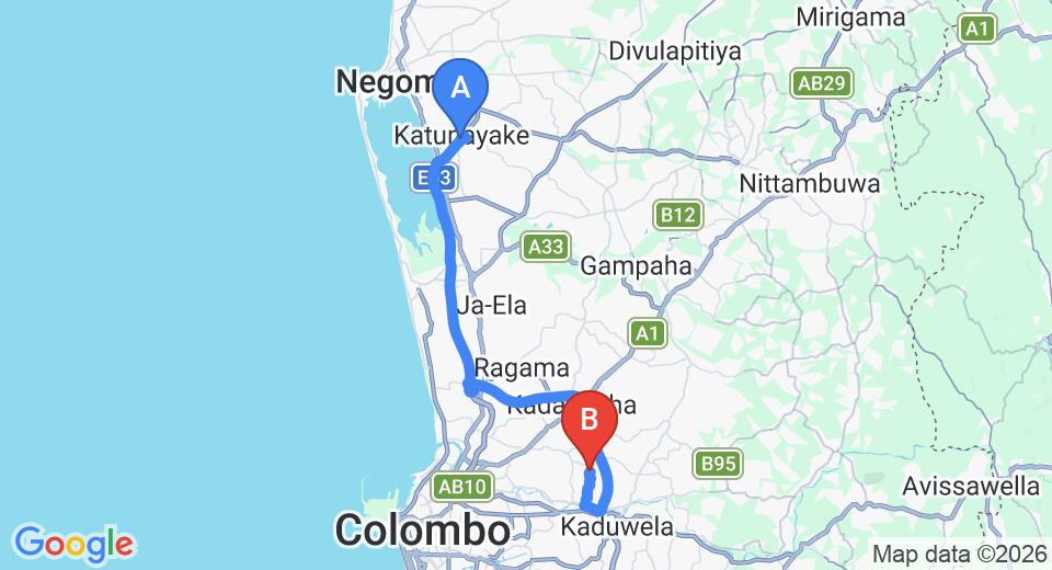 Driving route map: Colombo Airport (CMB) to Heiyanthuduwa (41 km, approx 45 min private transfer)