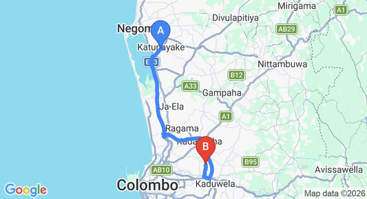 Driving route map: Colombo Airport (CMB) to Heiyanthuduwa (41 km, approx 45 min private transfer)