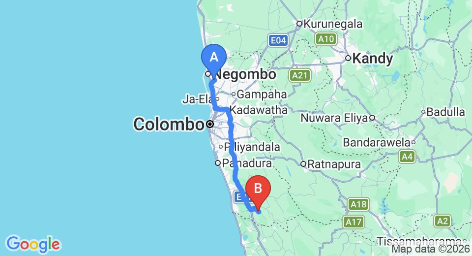 Driving route map: Colombo Airport (CMB) to The Ark, Mathugama (102 km, approx 1 h 33 min private transfer)