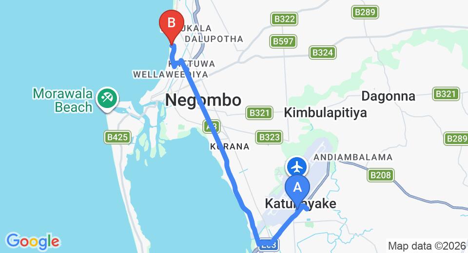 Driving route map: Colombo Airport (CMB) to Star Beach Hotel Negombo, Negombo (12 km, approx 29 min private transfer)