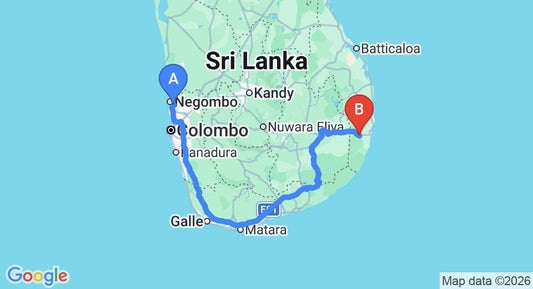 Driving route map: Colombo Airport (CMB) to Lahugala (401 km, approx 6 h 5 min private transfer)