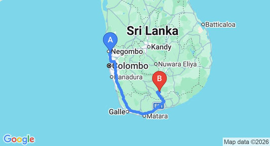 Driving route map: Colombo Airport (CMB) to Wild Elephas Lodge, Udawalawe (263 km, approx 3 h 44 min private transfer)