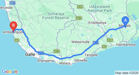 Driving route map: Mattala (HRI) Airport to Ambalangoda (150 km, approx 2 h 3 min private transfer)