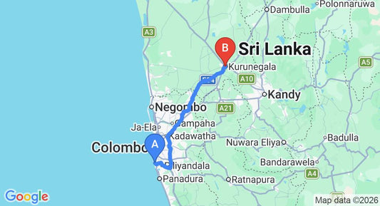 Driving route map: Ratmalana (RML) Airport to Kurunegala (118 km, approx 2 h 34 min private transfer)