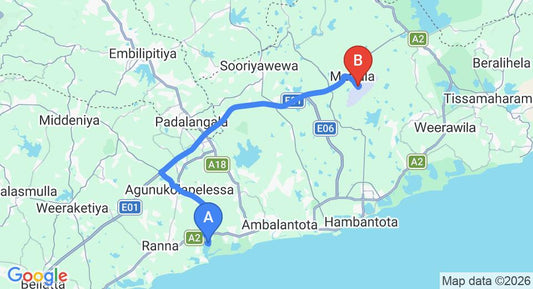 Driving route map: Kalametiya to Mattala (HRI) Airport (47 km, approx 48 min private transfer)