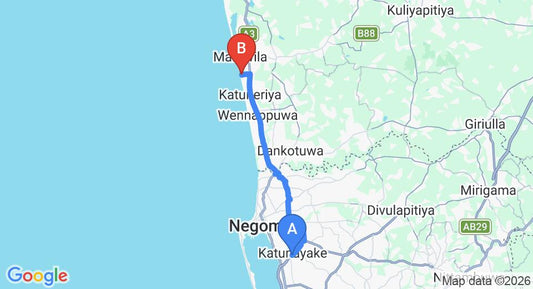Driving route map: Colombo Airport (CMB) to Hotel Sea Mountain, Marawila (31 km, approx 59 min private transfer)