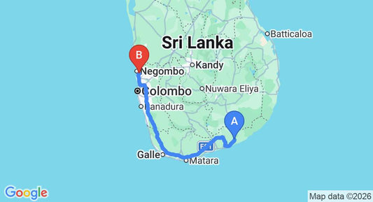 Driving route map: Weerawila to Colombo Airport (CMB) (279 km, approx 3 h 34 min private transfer)