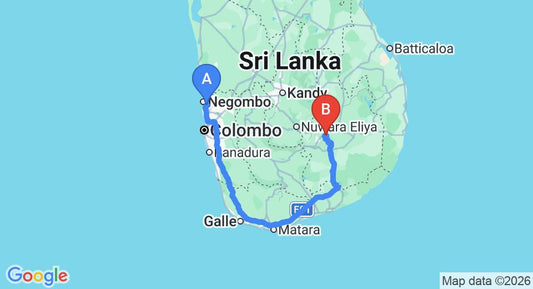 Driving route map: Colombo Airport (CMB) to 98 Acres Resort, Ella (340 km, approx 5 h 10 min private transfer)
