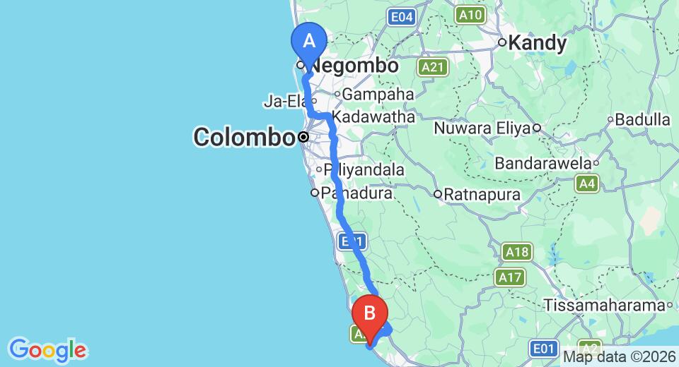 Driving route map: Colombo Airport (CMB) to Hikks Villa, Hikkaduwa (144 km, approx 2 h 8 min private transfer)