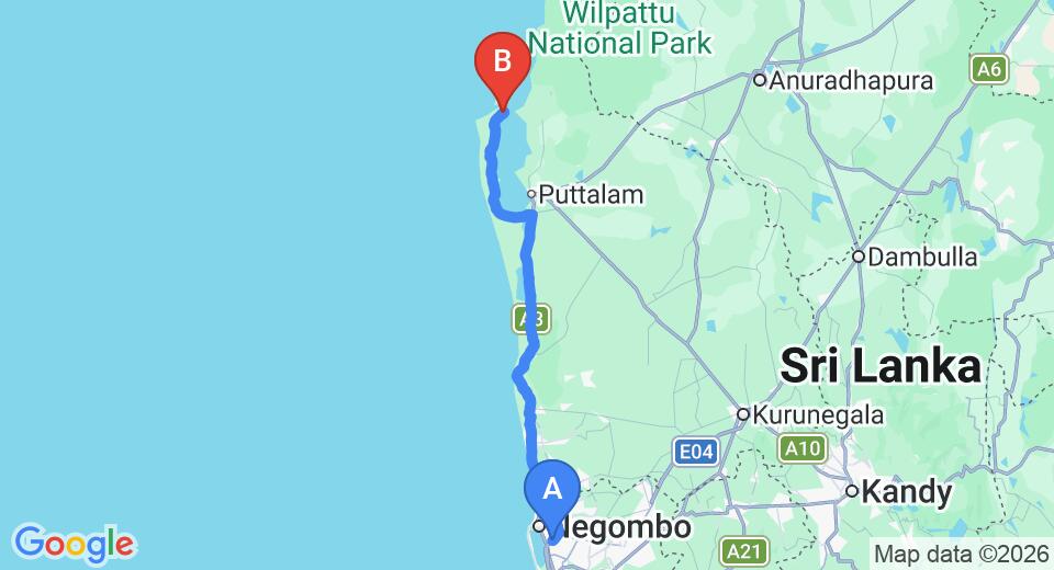 Driving route map: Colombo Airport (CMB) to Dancing Dolphin, Kalpitiya (140 km, approx 3 h 17 min private transfer)