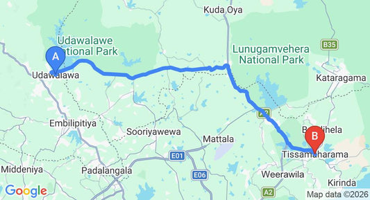 Driving route map: Udawalawe to Tissamaharama (66 km, approx 1 h 21 min private transfer)