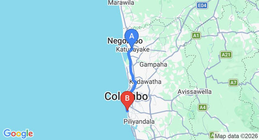 Driving route map: Colombo Airport (CMB) to Palm Beach Hotel, Mount Lavinia (41 km, approx 1 h 1 min private transfer)
