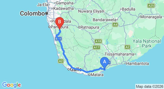 Driving route map: Tangalle to Yala (146 km, approx 2 h 14 min private transfer)