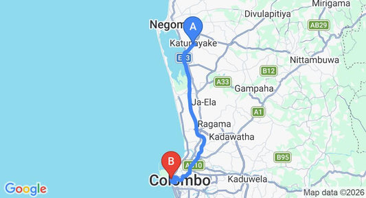 Driving route map: Colombo Airport (CMB) to Galle Face, Colombo (37 km, approx 49 min private transfer)