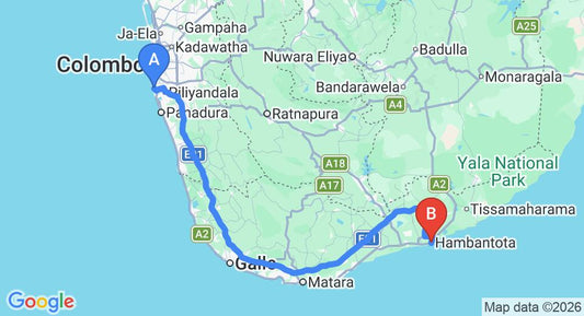 Driving route map: Ratmalana (RML) Airport to Hambantota (229 km, approx 3 h 8 min private transfer)