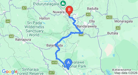 Driving route map: Udawalawe to Haggala (122 km, approx 3 h 39 min private transfer)