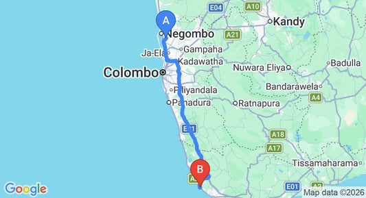 Driving route map: Colombo Airport (CMB) to Dodanduwa (145 km, approx 2 h 10 min private transfer)
