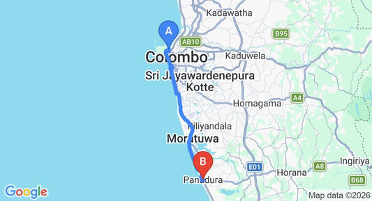 Driving route map: Colombo Seaport to Panadura (31 km, approx 1 h 9 min private transfer)