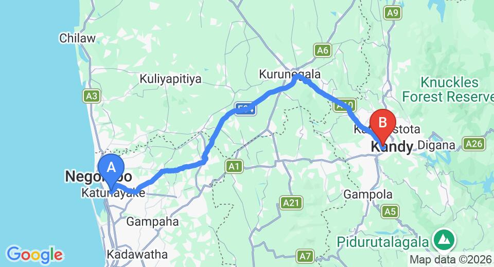 Driving route map: Colombo Airport (CMB) to Orchid Villa, Kandy (110 km, approx 2 h 40 min private transfer)