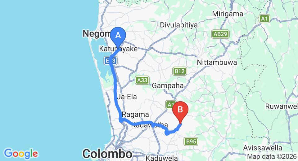 Driving route map: Colombo Airport (CMB) to Hotel Sithmal, Gampaha (40 km, approx 51 min private transfer)