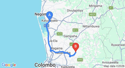 Driving route map: Colombo Airport (CMB) to Hotel Sithmal, Gampaha (40 km, approx 51 min private transfer)