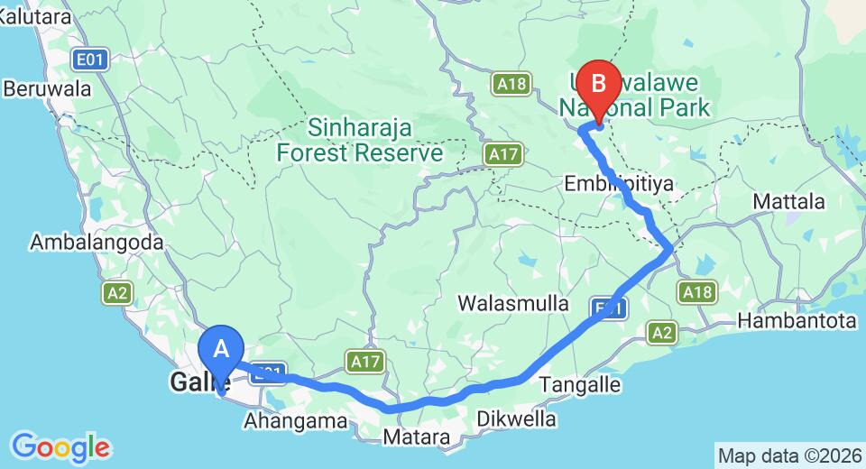 Driving route map: Unawatuna to Udawalawe (123 km, approx 1 h 58 min private transfer)