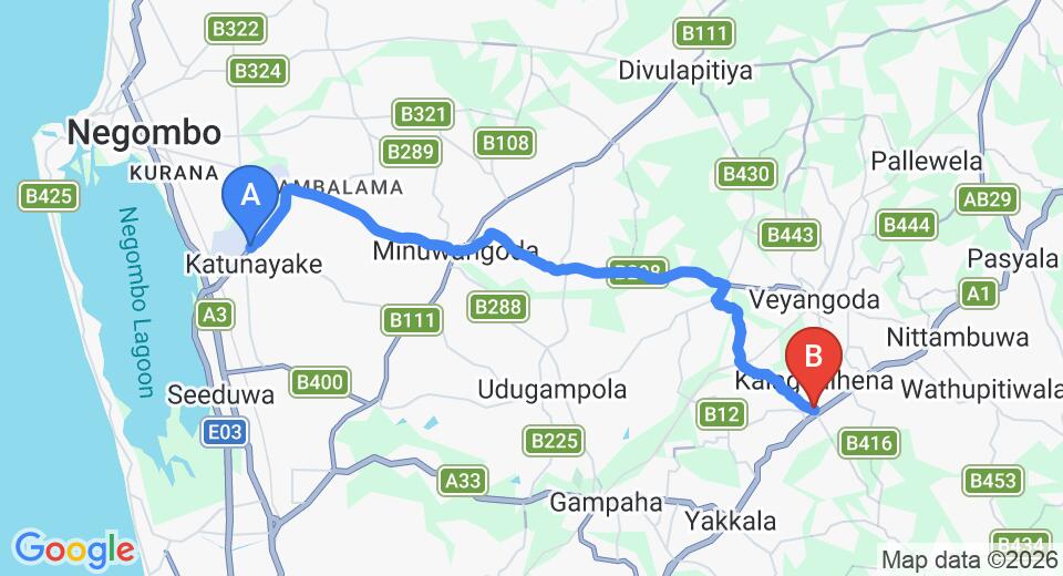 Driving route map: Colombo Airport (CMB) to Kalagedihena (25 km, approx 51 min private transfer)