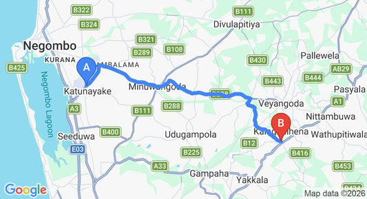 Driving route map: Colombo Airport (CMB) to Kalagedihena (25 km, approx 51 min private transfer)