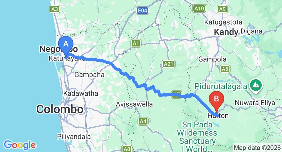 Driving route map: Colombo Airport (CMB) to Hotel Rej, Hatton (118 km, approx 3 h 37 min private transfer)