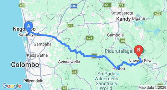 Driving route map: Colombo Airport (CMB) to The Clovelly Bungalow, Nuwara Eliya (156 km, approx 4 h 50 min private transfer)