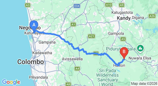 Driving route map: Colombo Airport (CMB) to Yoho The Waterfall Villas, Nuwara Eliya (127 km, approx 3 h 54 min private transfer)
