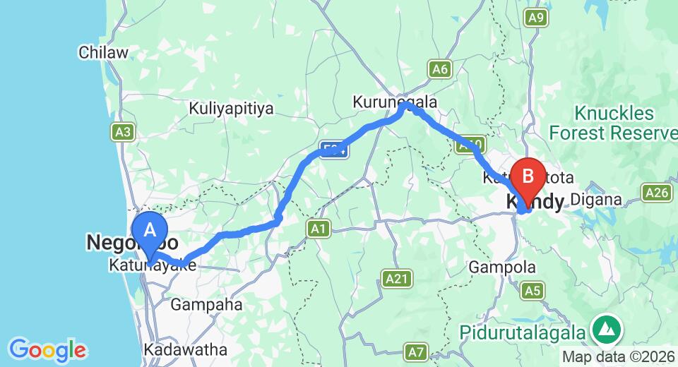 Driving route map: Colombo Airport (CMB) to Feel Home, Kandy (114 km, approx 2 h 50 min private transfer)