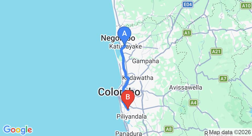 Driving route map: Colombo Airport (CMB) to Atrium Leisure, Colombo (43 km, approx 1 h 6 min private transfer)