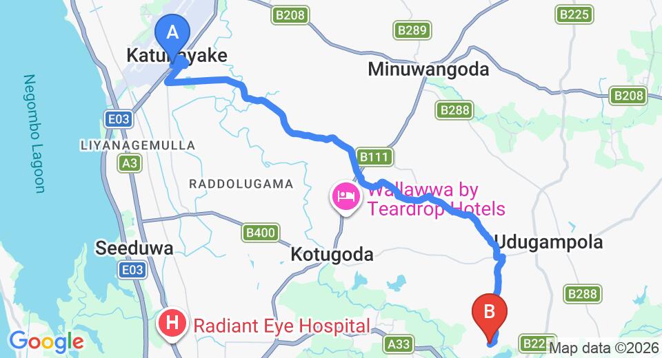 Driving route map: Colombo Airport (CMB) to Makewita (16 km, approx 34 min private transfer)