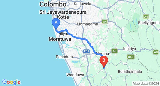 Driving route map: Ratmalana (RML) Airport to Yala (35 km, approx 1 h 5 min private transfer)