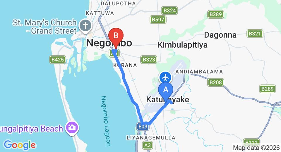 Driving route map: Colombo Airport (CMB) to Villa Barbara, Negombo (9 km, approx 19 min private transfer)