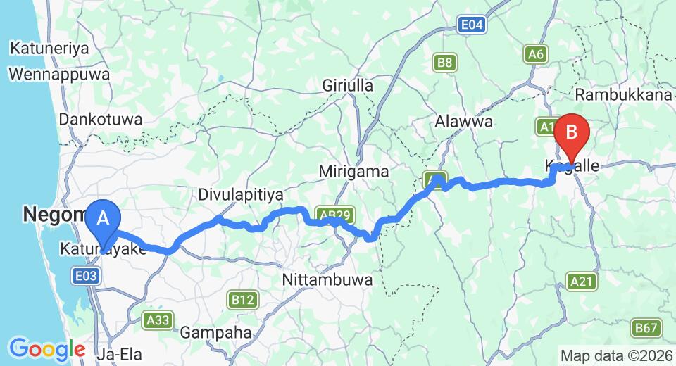 Driving route map: Colombo Airport (CMB) to Villa Amendra, Kegalle (65 km, approx 1 h 50 min private transfer)