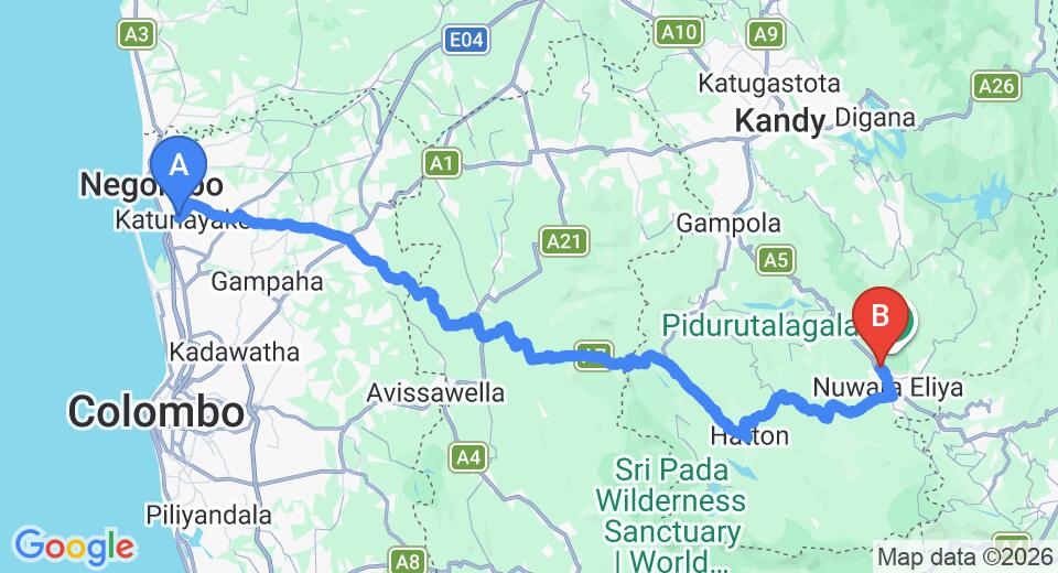 Driving route map: Colombo Airport (CMB) to Mount View Cottage, Nuwara Eliya (157 km, approx 4 h 54 min private transfer)
