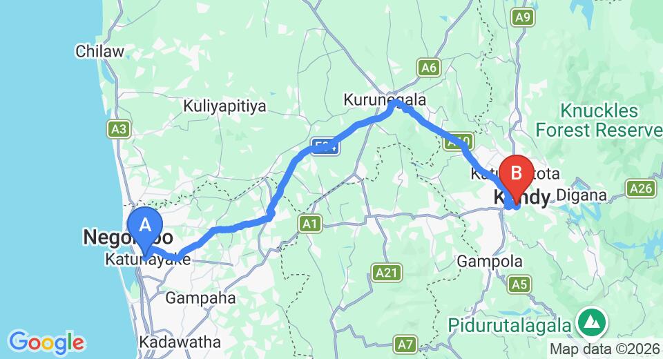 Driving route map: Colombo Airport (CMB) to Sri Kandyan Bungalow, Kandy (115 km, approx 2 h 56 min private transfer)