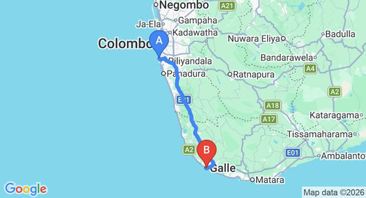 Driving route map: Ratmalana (RML) Airport to Galle (113 km, approx 1 h 52 min private transfer)