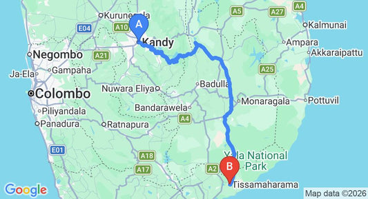 Driving route map: Kandy to Tissamaharama (235 km, approx 5 h 23 min private transfer)