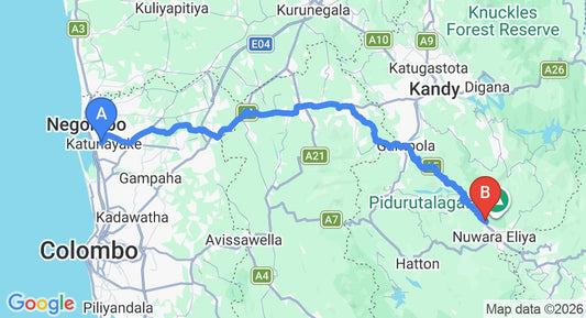 Driving route map: Colombo Airport (CMB) to Villa Tea Breeze, Nuwara Eliya (154 km, approx 4 h 44 min private transfer)