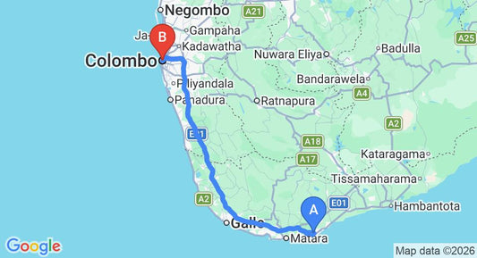 Driving route map: Dikwella to Colombo (176 km, approx 2 h 45 min private transfer)