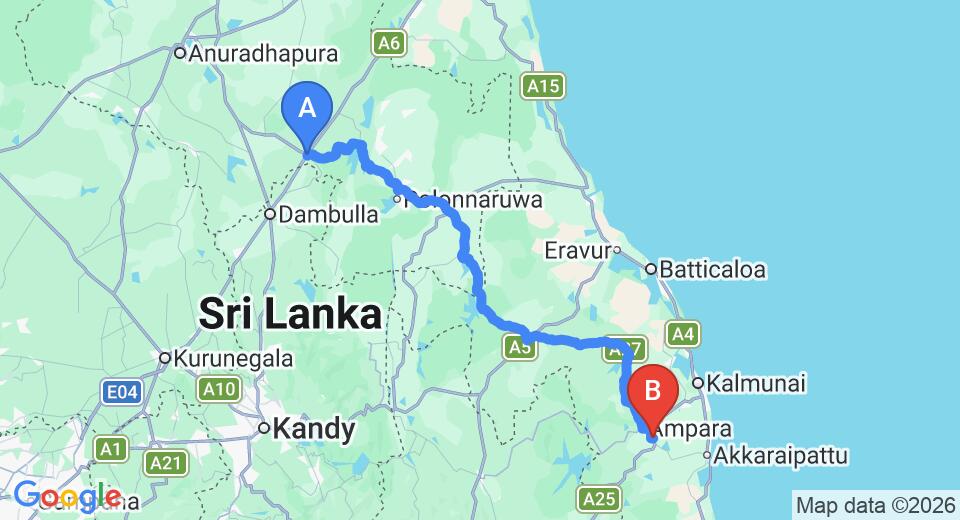 Driving route map: Habarana to Gal Oya (183 km, approx 3 h 34 min private transfer)