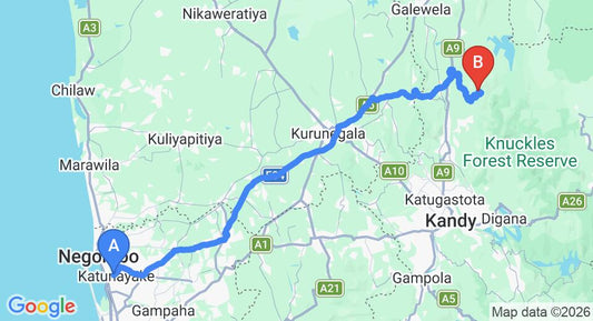 Driving route map: Colombo Airport (CMB) to Nagala Bungalow, Matale (138 km, approx 3 h 33 min private transfer)
