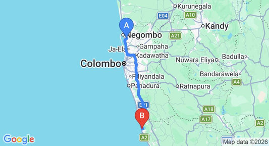 Driving route map: Colombo Airport (CMB) to Shinagawa Beach, Balapitiya (124 km, approx 2 h 4 min private transfer)