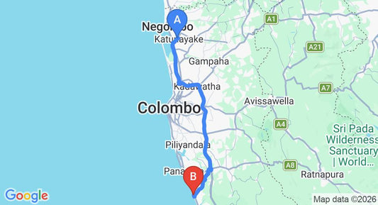 Driving route map: Colombo Airport (CMB) to The Sands by Aitken Spence Hotels, Kalutara (79 km, approx 1 h 24 min private transfer)