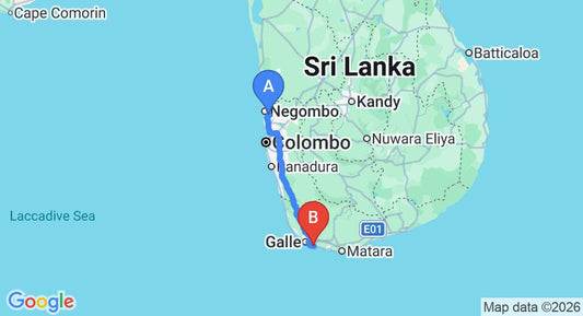 Driving route map: Colombo Airport (CMB) to IF Villa, Galle (157 km, approx 2 h 15 min private transfer)