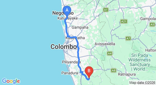 Driving route map: Colombo Airport (CMB) to Yala (77 km, approx 1 h 23 min private transfer)